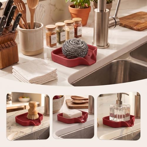 MicoYang Silicone Soap Dish with Drain Spout, Self-Draining Sink Organizer Tray for Bathroom and Kitchen, Sponges, Dispensers and Soap Holder, Non-Slip and Dishwasher Safe, Red (Compact, 4.9"×3.2") - Image 3