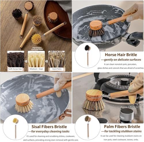 Bamboo Dish Brush with Handle, 1 Sturdy Wooden Handle with 3 Natural Bristle Heads, Horsehair, Sisal, Palm - All Purpose Kitchen Scrubber, Bamboo Wok Brush, Fruit and Veggie Scrubber - Image 4