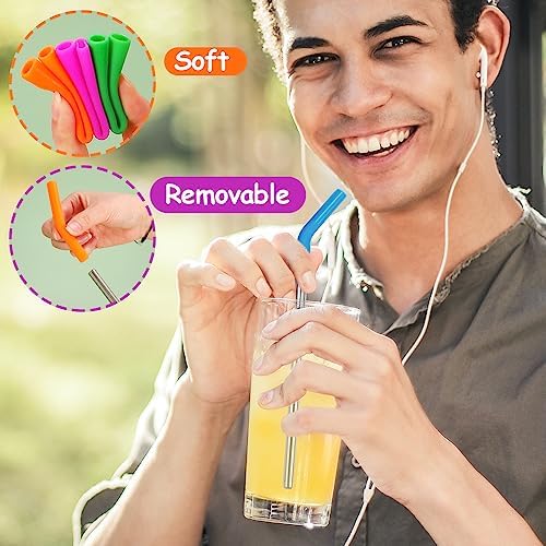 Lazycorner Reusable Stainless Steel Straws Metal Straw with Silicone Tip 5 Pcs 8mm Wide for 20/30/32oz Tumblers Smoothies and Shakes with 2 Cleaning Brushes,1 Portable Bag (Silver) - Image 4
