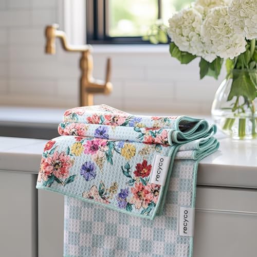 RECYCO Waffle Kitchen Towel Set of 2 - Quick Dry Microfiber Sustainable Dish Towels - Absorbent Reusable Cleaning Tea Towels - Lightweight Hand Towels,16”x 28”, Cuckoo Checker by RECYCOHOMECOLLECTION