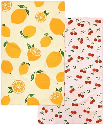Eulnars Kitchen Towels, 18" x 30" Dish Towels, Microfiber Tea Towels for Kitchen Drying, Superior Absorbency, Lemon Cherry Series, 2-Pack by Eulnars