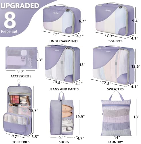 OlarHike Packing Cubes for Travel,Gifts for Women Mom,Anti-Tearing Suitcase Organizer for Luggage with Shoe & Hanging Toiletry Bag,Vacation Essentials & Accessories for Cruise Ship,8 Set,Purple Gray - Image 2
