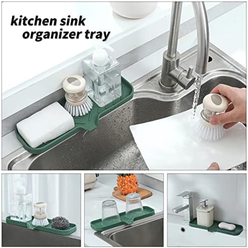 MicoYang Silicone Soap Dish with Drain Spout — Self-Draining Double Sink Organizer Tray for Kitchen & Bathroom, Dispensers, Sponges & Soap Holder, Non-Slip & Dishwasher Safe, Green (Large, 12"×4") - Image 5