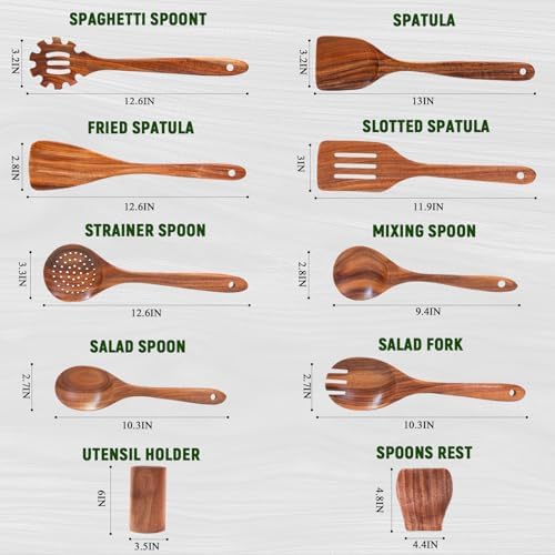 10 Pcs Teak Wooden Utensil Set, Wooden Spoons for Cooking - Image 4