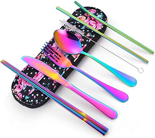 Travel Utensils,Reusable Silverware Set To Go Portable Cutlery Set with a Waterproof Carrying Case for Lunch Boxes Workplace Camping Picnic (Rainbow) by Topbooc