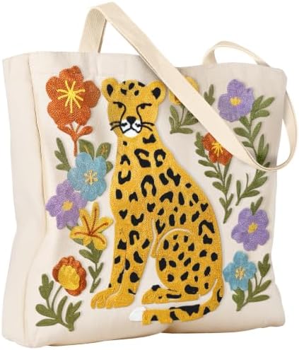 Floral Embroidery Canvas Tote Bag with Magnetic Closure for Daily by VelvetHue