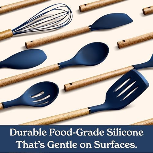 Country Kitchen Non Stick Silicone Utensil Set with Rounded Wood Handles for Cooking and Baking, 8 Piece Set, Navy - Image 4