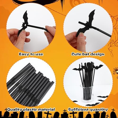 JANYUN 40 Pcs Black Halloween Straws Plastic with Glitter Bat Toppers - Image 3
