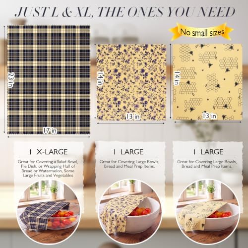 3 Pack 2L & 1XL Reusable Beeswax Wraps for Food, Reusable Beeswax Food Wraps for Bread, Cheese, Fruits, Zero Waste, Plastic-Free Storage, Natural Cotton with Plaid, Floral & Bee Patterns - Image 2