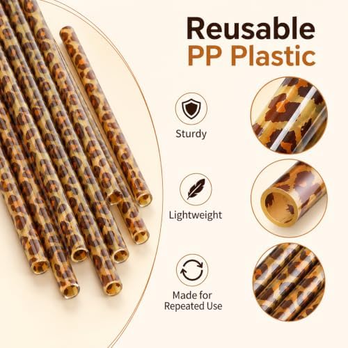50 Pcs Reusable Leopard Straws, Plastic Cheetah Animal Straws and Cleaning Brush for Women Tumblers Drinking Safari Wild Birthday Party - Image 3