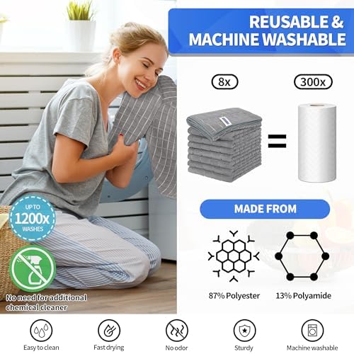 Kitchen Towels, 8 Pack Microfiber Cleaning Cloth, 25'' x 15'' Dish Towels, 270 GSM Checkered All-Purpose Reusable Lint Free & Absorbent Hand Towels for Kitchen Home Tea Bar Shop - Image 7
