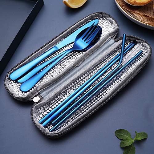 Portable Stainless Steel Flatware Set, Travel Camping Cutlery Set, Portable Utensil Travel Silverware Dinnerware Set with a Waterproof Case (Blue) - Image 5