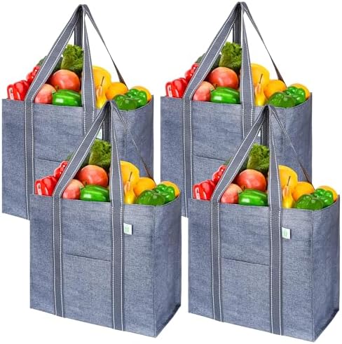 VENO 4 Pack Reusable Grocery Bags, Heavy-Duty Shopping Bags with Handles, Bags for Shopping Cart with Hard Bottom to Stand Upright, Foldable, Multi-Purpose(Gray, 4 Pack) by Veno