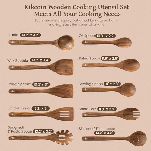 Kikcoin 10 PCS Durable Natural Teak Wooden Cooking Utensil Set, Non Toxic Wooden Spoons for Cooking, Wooden Utensil Set for Cooking with Comfort Grip, Nonstick & Easy to Clean Wood Kitchen Utensil Set - Image 2