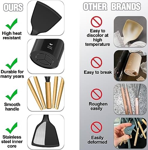 Kitchen Utensils Set- 34PCS Silicone Cooking Utensil with Holder, Umite Chef Heat Resistant Kitchen Spatula Set for Nonstick Cookware, Black Wooden Handles Kitchen Gadgets Tools Set - Image 3