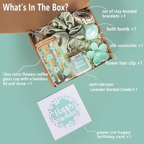 JTEWB Birthday Gifts For Women, Teen Girl, Her, Happy Birthday Gift Box For Girl, Women, Sister, Daughter, Friends, Cute Daisy Aesthetic Glass Cups Gift Set 7pcs (Mint green) - Image 2