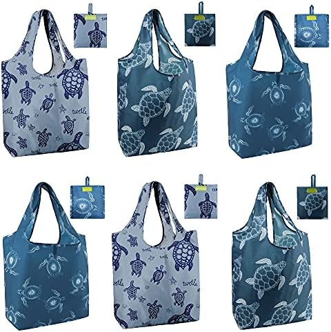 BeeGreen Sea Turtle Reusable Grocery Bags Large Tote Bag With Handles, Bulk Gift Foldable Shopping Bags for Women 6 Pack, Cute Cloth Bag, Heavy Duty, Washable For Beach, Holiday, Travel And Groceries​ by BeeGreen