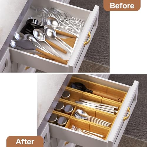 DUJEN 4 Packs Bamboo Drawer Organizer 2 pieces 12.6 * 6inches and 2 pieces 12.6 * 3.2inches, Adjustable 3 Individual Junk Drawer organizer for Bathroom and Kitchen - Image 3