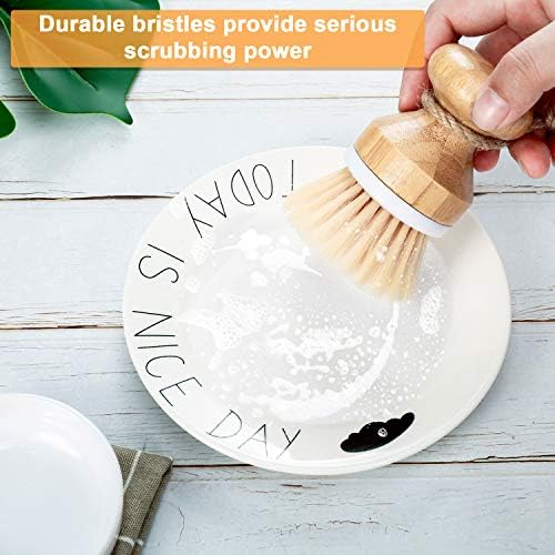 Boao 3 Pieces Bamboo Dish Scrub Brush and 1 Holder Natural Wooden Kitchen Cleaning Scrubbers Durable Bamboo Palm Household Pot Scrubber Brush for Dishes Pots Pans Kitchen Sink Cleaning - Image 4