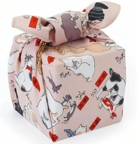 Furoshiki Japanese Wrapping Cloth, Large Size 27.6x27.6 Inch, Reusable Gift Wrap, Eco-Friendly Fabric for Bento Bag, Wine Bottle, Table Decor Washable & Wrinkle Resistant (CATS by Kuniyoshi caricature artist, 27.6"x27.6") by Unknown