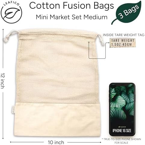 LEAFICO Reusable Produce Bags – 100% Cotton Mesh & Solid Hybrid (Medium 10x12 inch 3 Pcs) – Grocery Storage Bags for Fruit, Vegetables, Bulk Food – Washable, Plastic-Free, Breathable, Zero Waste - Image 2