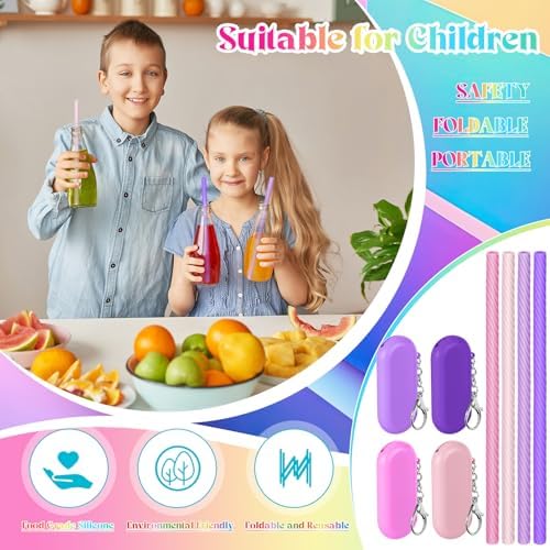 Meanplan 4 Sets Reusable Straws Travel Case Brush Silicone,Pink - Image 6