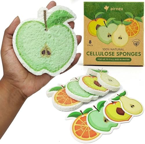AIRNEX Biodegradable Cellulose Compressed Sponges Bulk - Fruit Shaped Kitchen Pack of 8 - Eco Friendly, Odor Free, Natural, Pop Up Compostable Scrubbers for Washing Dishes by Airnex