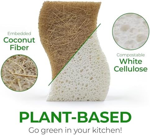 AIRNEX Natural Kitchen Sponges (12 Pack) - Biodegradable Cellulose & Coconut Scrubber Dish Sponges for Kitchen - Eco-Friendly, Non Scratch, Compostable, Non Toxic S-Shaped Natural Sponges for Dishes - Image 2