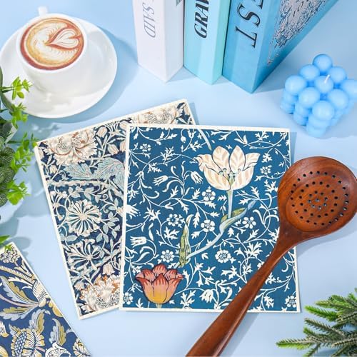 8 Pcs Foliage Swedish Dishcloths Vintage Blue Floral, 7 x 8 Inch - Image 4