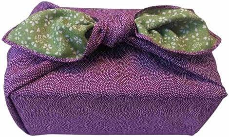 Furoshiki Japanese Wrapping Cloth Eco-Gift Wrap Paper Reversible Shark Skin Cherry blossoms Pattern, Eco-bag Bento Lunch Cake Wine Bottle Kimono Cover (Purple and Green, 27.6 x 27.6 inches) by Unknown