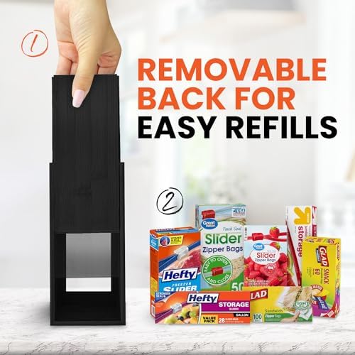 mHomeBilt Bag Storage Organizer - Bamboo Food Plastic Baggie Holder, Dispenser, and Container for Kitchen Drawer - Fits Major Brand's Gallon, Quart, Sandwich & Snack Sized Slider Bags (Black) - Image 5
