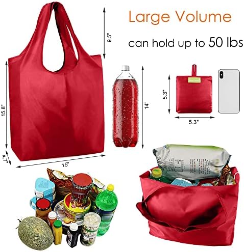 BeeGreen Foldable Travel Bag Reusable Shopping Bags for Groceries - 6 Pack Large Collapsible Bags - Lightweight Machine Washable Tote Bags - Colorful Kitchen Grocery Bags (Red, Orange, Green)​ - Image 3