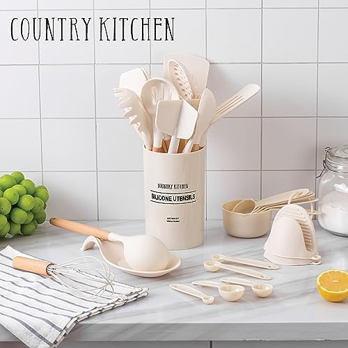 Country Kitchen Non Stick Silicone Utensil Set with Rounded Wood Handles for Cooking and Baking, 38 Piece Set, Khaki - Image 5