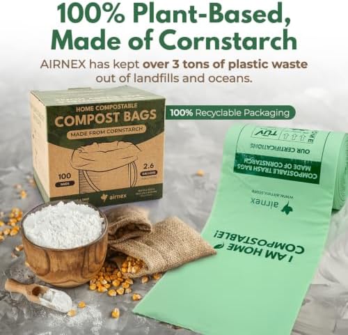 AIRNEX Small Compost Bags 2.6 Gal - 100 Compostable Kitchen Trash Bags for Countertop Bin - Cornstarch Leakproof & Tear-Resistant - OK Compost Home & Seedling Certified 0.18 mm Kitchen Garbage Bags - Image 4