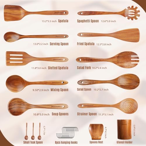Mooues Wooden Kitchen Utensil Set, 15 Piece Natural Teak with Spoon Rest - Image 3