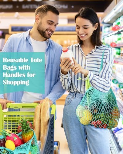 Eccliy 12Pcs Reusable Cotton Mesh Grocery Bag with Handle, Teal, 10 in - Image 5