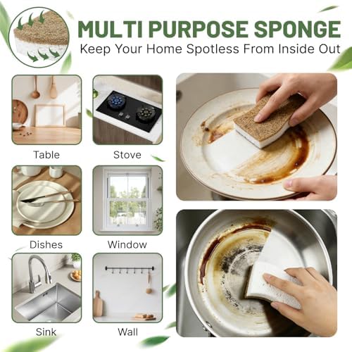 16 Pack Biodegradable Kitchen Dish Sponges, Natural Plant-Based Coconut Fiber and Compostable Cellulose Sponge, Non-Scratch Heavy Duty Sponges for Non-Stick Cookware, Kitchen Household Cleaning - Image 2