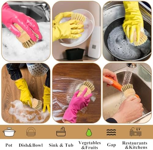 8 Packs Bamboo Dish Scrub Brushes Natural Palm Wooden Scrubbers Set Kitchen Dishwashing Scrubber with Natural Sisal Bristles for Iron Pot Pan Sink (Round) - Image 7