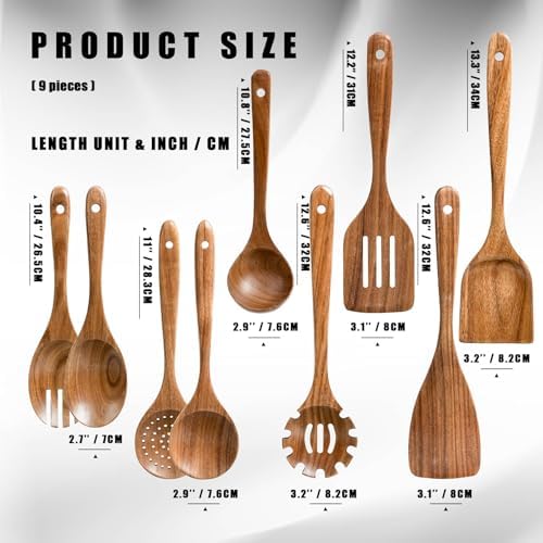 HSM Wooden Spoons for Cooking, 9-Piece Acacia Wood Kitchen Utensil Set - Image 2