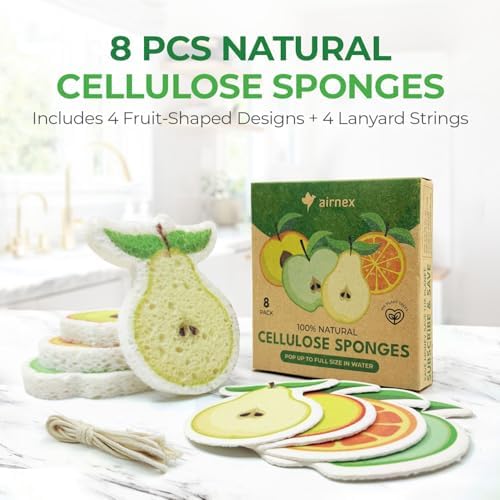 AIRNEX Biodegradable Cellulose Compressed Sponges Bulk - Fruit Shaped Kitchen Pack of 8 - Eco Friendly, Odor Free, Natural, Pop Up Compostable Scrubbers for Washing Dishes - Image 2