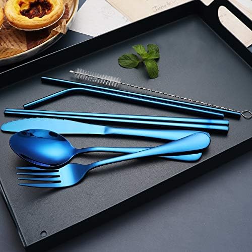 Portable Stainless Steel Flatware Set, Travel Camping Cutlery Set, Portable Utensil Travel Silverware Dinnerware Set with a Waterproof Case (Blue) - Image 4