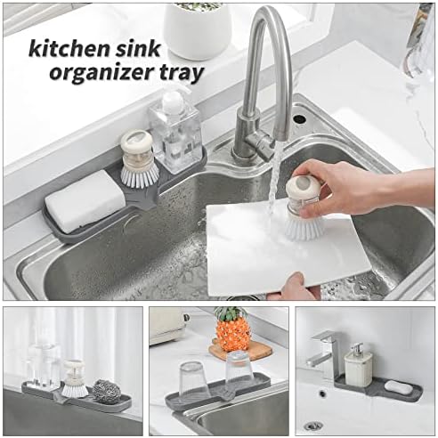 MicoYang Silicone Soap Dish with Drain Spout — Self-Draining Double Sink Organizer Tray for Kitchen & Bathroom, Dispensers, Sponges & Soap Holder, Non-Slip & Dishwasher Safe, Grey (Large, 12"×4") - Image 5