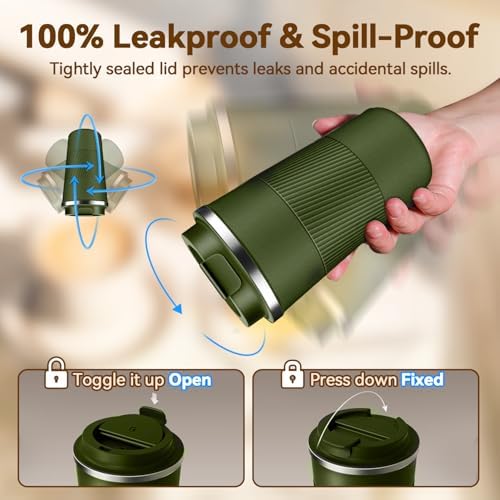 12OZ Travel Coffee Mug Insulated Coffee Cup with Spill Leak Proof Lid, Portable Stainless Steel Tumbler Reusable Hot and Cold Water Mug for Car, Daily, Camping- Military Green - Image 4