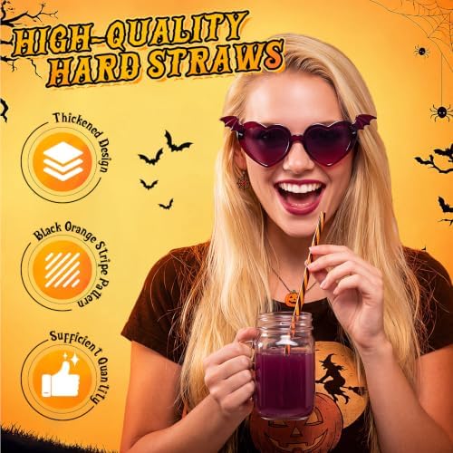 Honeydak 50 Pcs Reusable Plastic Straws Bulk,Black and Orange Stripe - Image 3