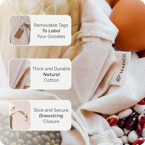 LEAFICO Organic Cotton Produce Bags - Medium 8x10 Inch (12 Bags) - Reusable Muslin Storage Bags with Drawstrings - Biodegradable Canvas Fabric - Perfect for Snacks, Clothes - Image 4