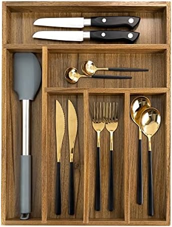 EcoFives Luxury Acacia Kitchen Drawer Organizer - Silverware Organizer - Utensil Holder and Cutlery Tray with Grooved Drawer Dividers for Flatware and Kitchen Utensils (6 Slot) - Image 2