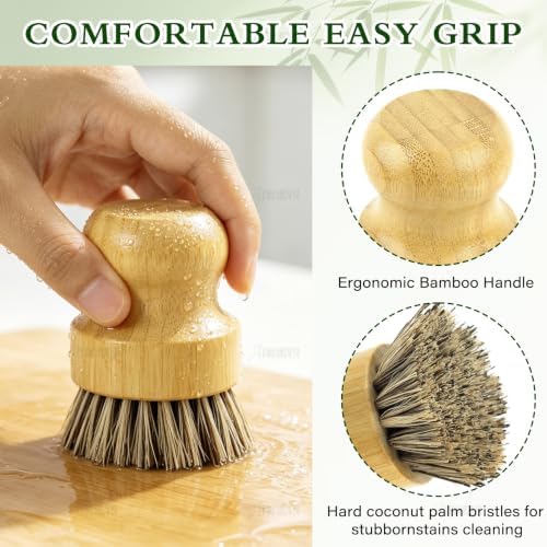 AUEAR, Natural Bamboo Dish Scrub Brush Cleaning Pot Scrubber Brushes Coconut Bristles for Cast Iron Skillet Pots Pans (2-Pack, Deep Color) - Image 3