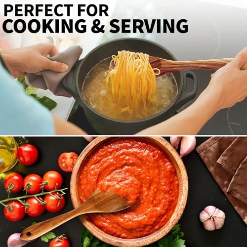 Zulay Kitchen Teak Wood Utensil Set – 7 Piece Wooden Cooking Utensils – Slotted Spoon, Bowl Scraper, Solid & Slotted Turner, Salad Spoon, Fork & Tongs – Durable, Nonstick Safe & Smooth Finish - Image 5
