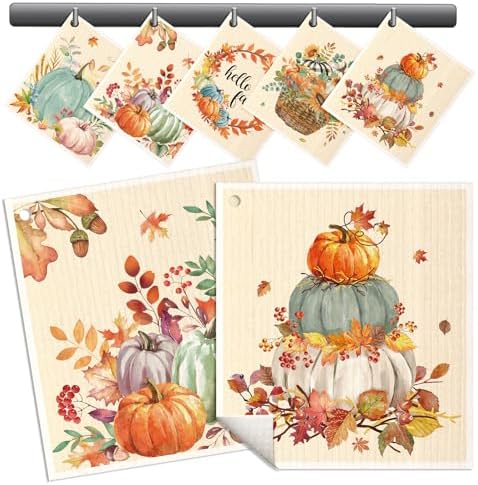 Miss Adola Fall Swedish Dishcloths for Kitchen - 5 Pack Reusable Dish Cloths for Washing Dishes Absorbent Cute Autumn Theme Kitchen Towels Cleaning Sponge, Watercolor Pumpkin by MissAdola