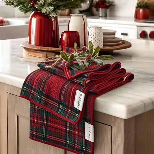 RECYCO Christmas Waffle Kitchen Towel Set of 2 - Quick Dry Microfiber Sustainable Dish Towels - Ultra Absorbent Reusable Cleaning Tea Towels - Lightweight Hand Towels,16”x 28”, Stewart Plaid Red by RECYCOHOMECOLLECTION
